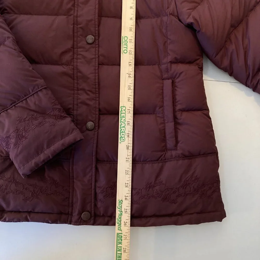 Down Puffer Jacket  Maroon Burgundy Embroidered Coat with Fur Trim - Picture 14 of 15